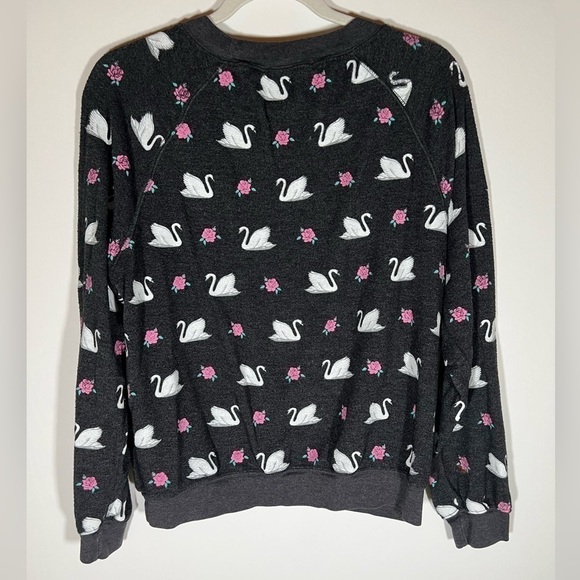 WILDFOX reverse fleece black sweatshirt white swans pink roses graphic sz XS - Picture 2 of 7